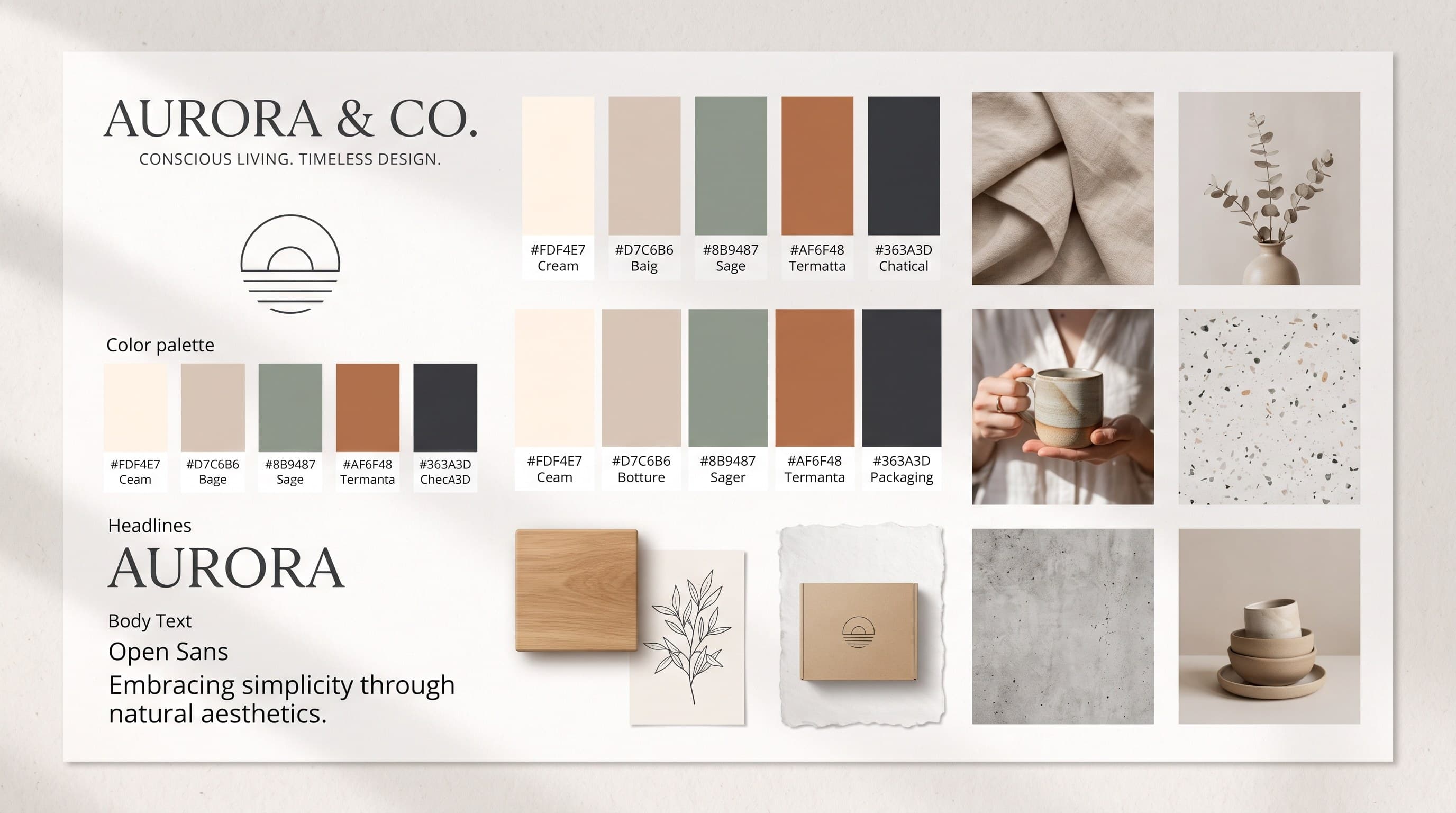 Moodboard de marca con paleta de color, tipografía, empaque y fotografías de producto rodeando al símbolo, mostrando el contexto que construye su significado.