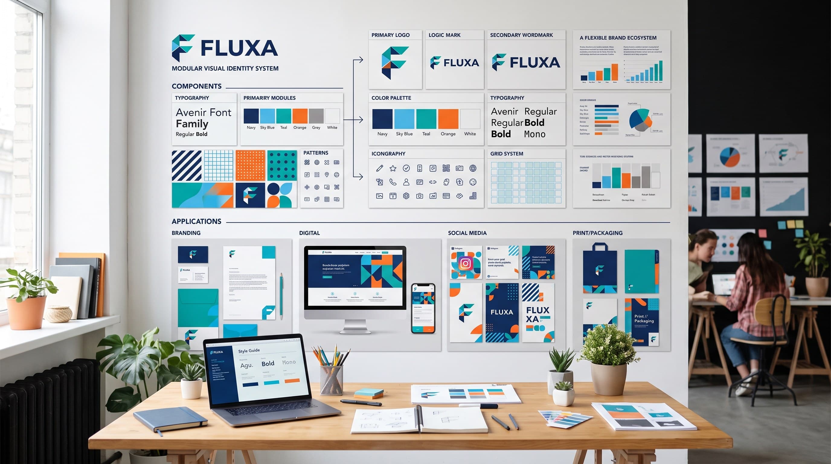 Tablero de sistema de identidad visual mostrando logotipo, paleta, tipografía, iconografía y sus aplicaciones en branding, digital, redes sociales e impresos, organizados como un sistema de decisiones.