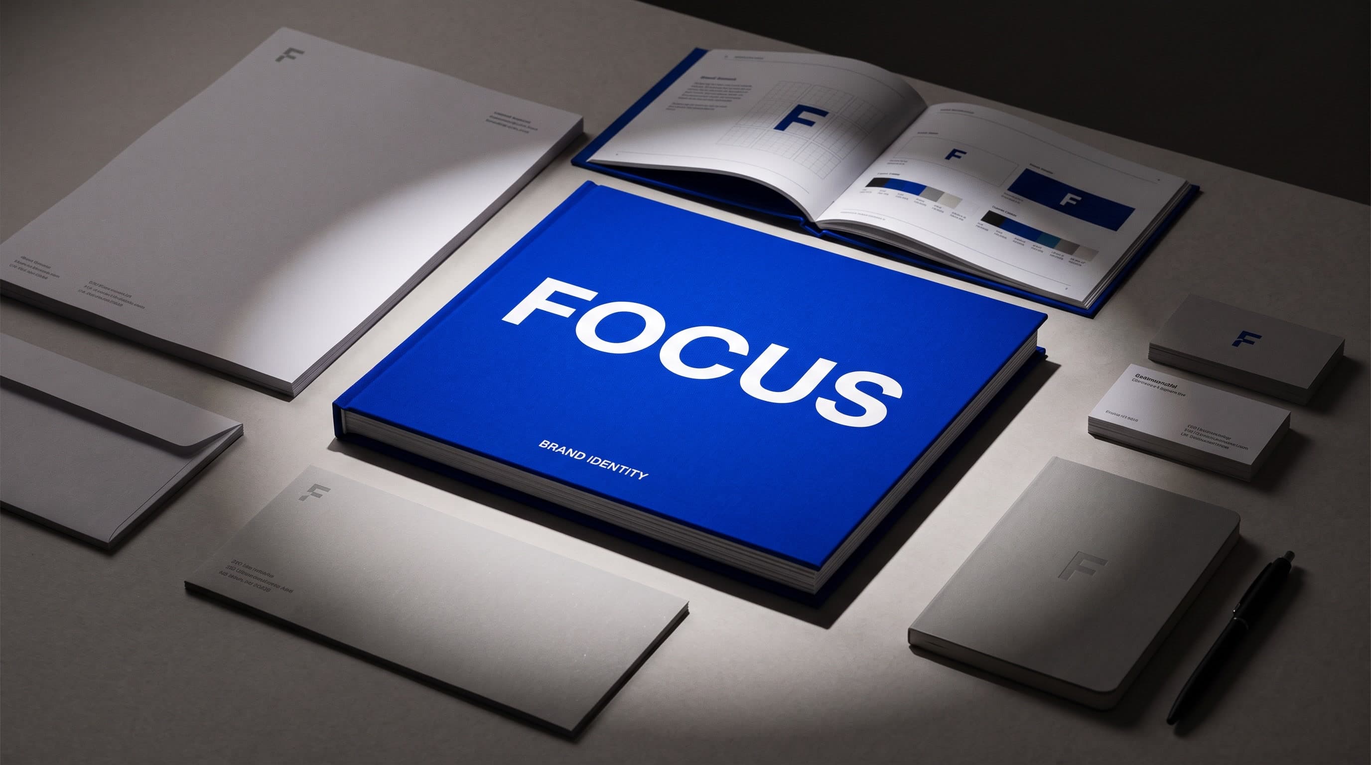 Papelería de marca ordenada sobre fondo gris: un manual abierto con retícula y paleta de color, y encima un libro azul con la palabra "Focus" como único elemento con protagonismo.