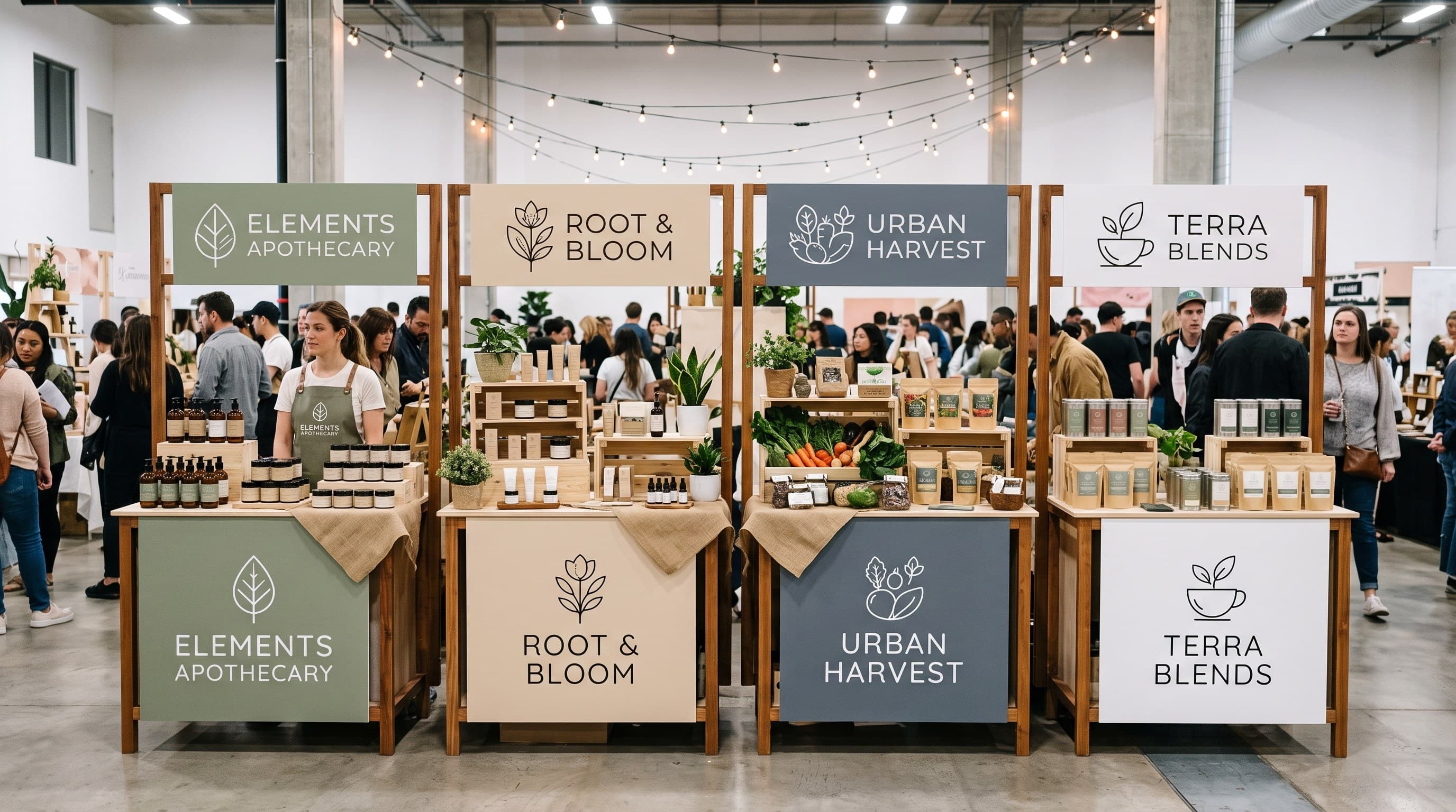 Cuatro stands de un mercado, cada uno con identidad de marca distinta pero con la misma estructura de rótulo, tipografía y composición, mostrando lo intercambiables que resultan entre sí.