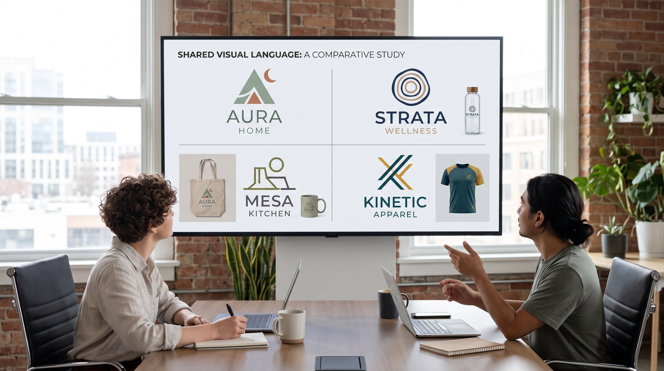 Dos personas revisando en una pantalla grande una comparación de cuatro marcas distintas que comparten un mismo lenguaje visual, en una sala de juntas.