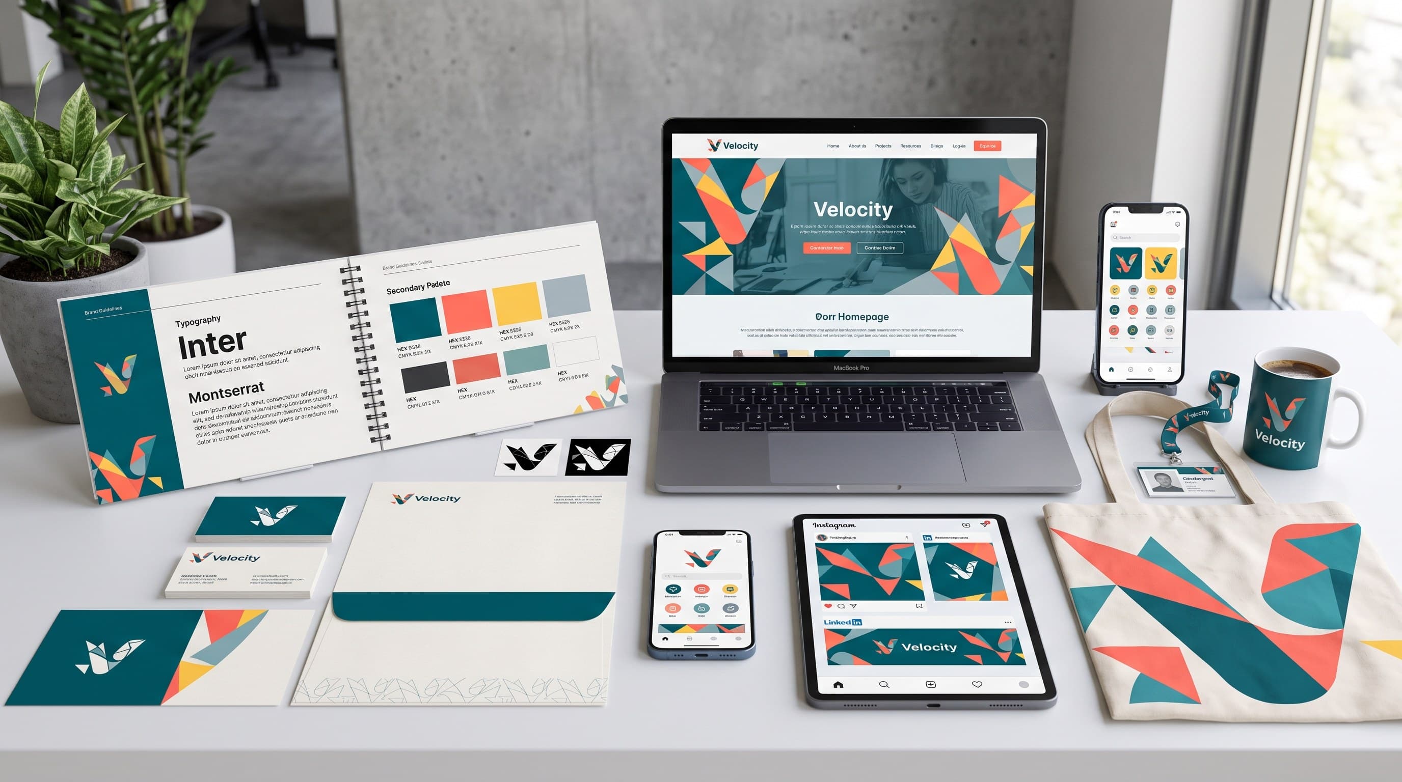 Sistema de identidad de marca aplicado consistentemente sobre laptop, teléfono, tablet, tarjetas, papelería y empaque, sin repetir la misma composición en cada pieza.